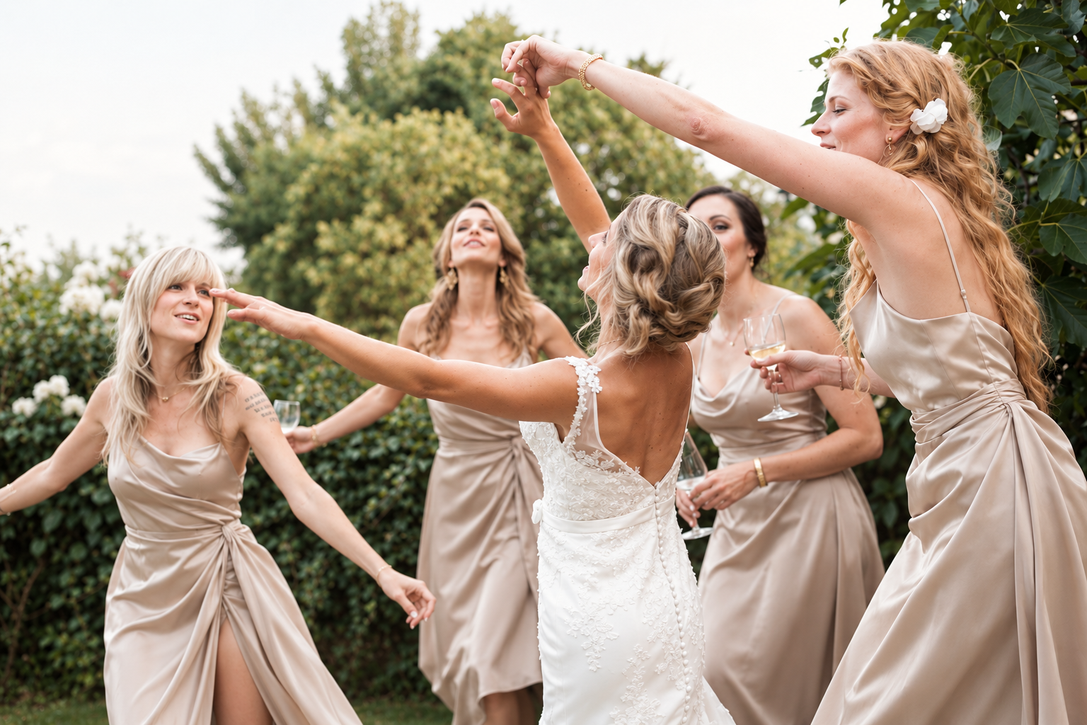 Braut mit ihren Bridesmaids in harmonisch abgestimmten Hair- und Make-up-Looks